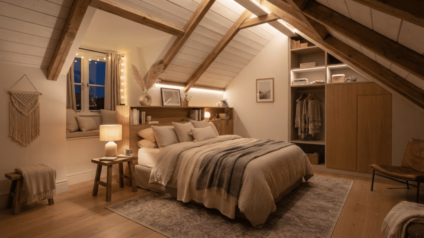 Cozy attic bedroom with warm lighting, layered bedding, wooden furniture, and smart storage solutions.