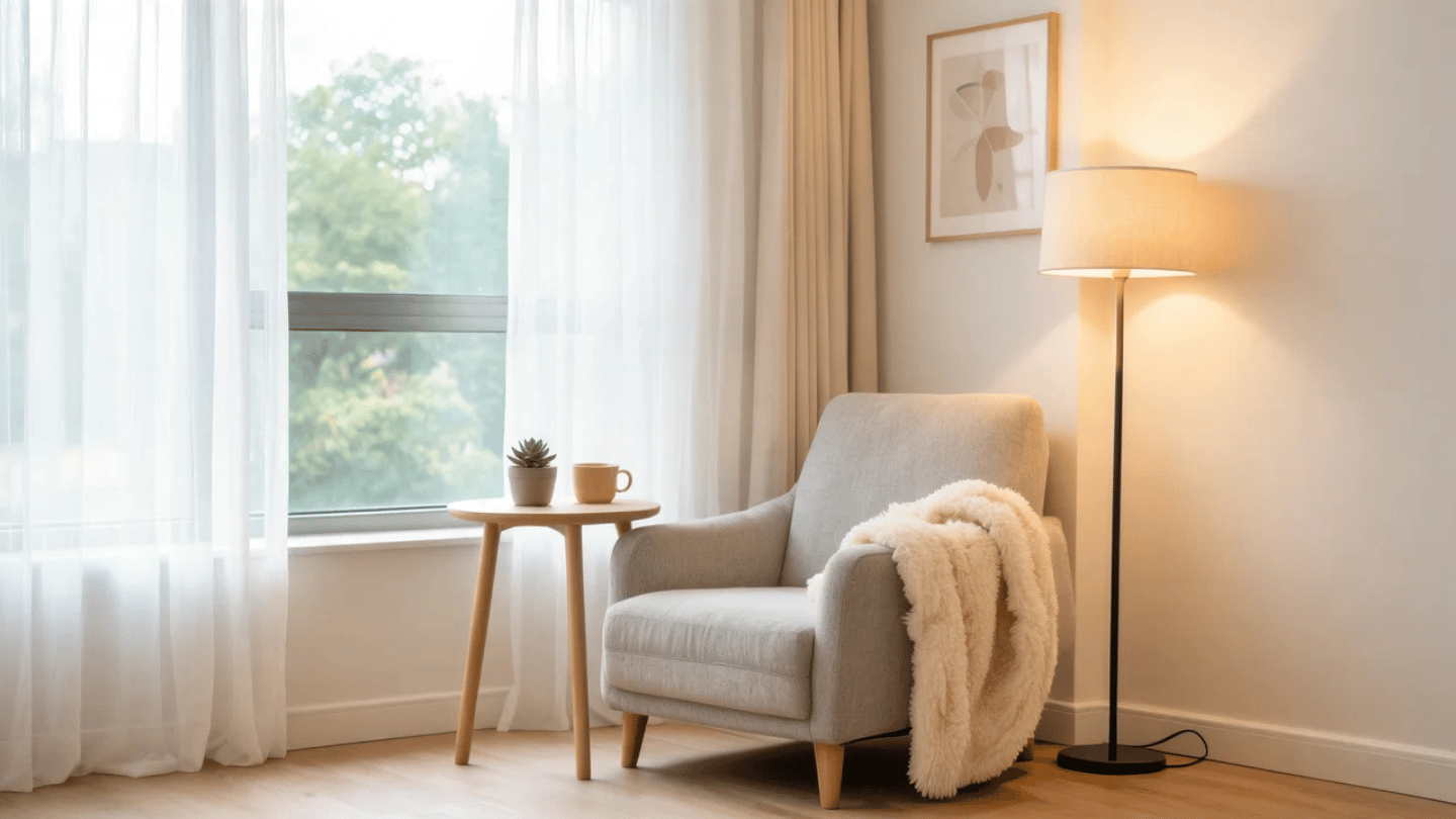 Cozy contemporary reading corner with armchair, side table, floor lamp, and warm lighting creating a peaceful home space.