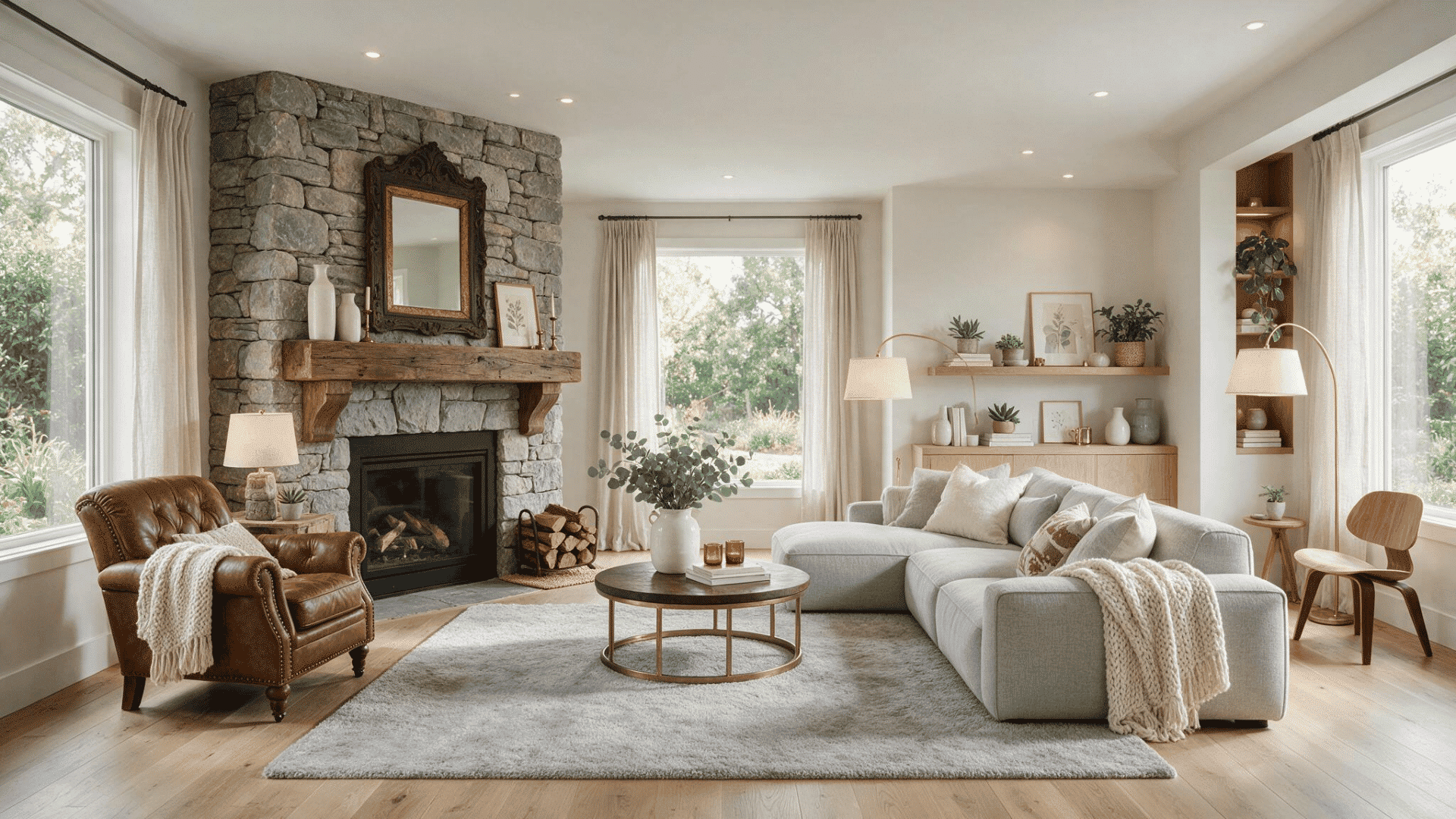 Cozy living room showcasing interior design styles with natural materials, warm tones, and modern decor.