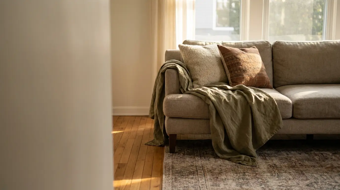Cozy beige sofa with cushions and throw blanket in a sunlit living room