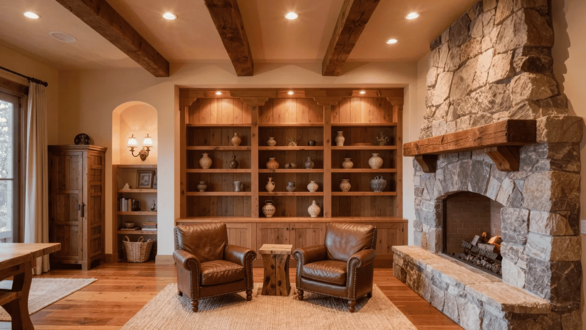 Craftsman interior design styles living room with wood shelves, stone fireplace, and leather chairs.