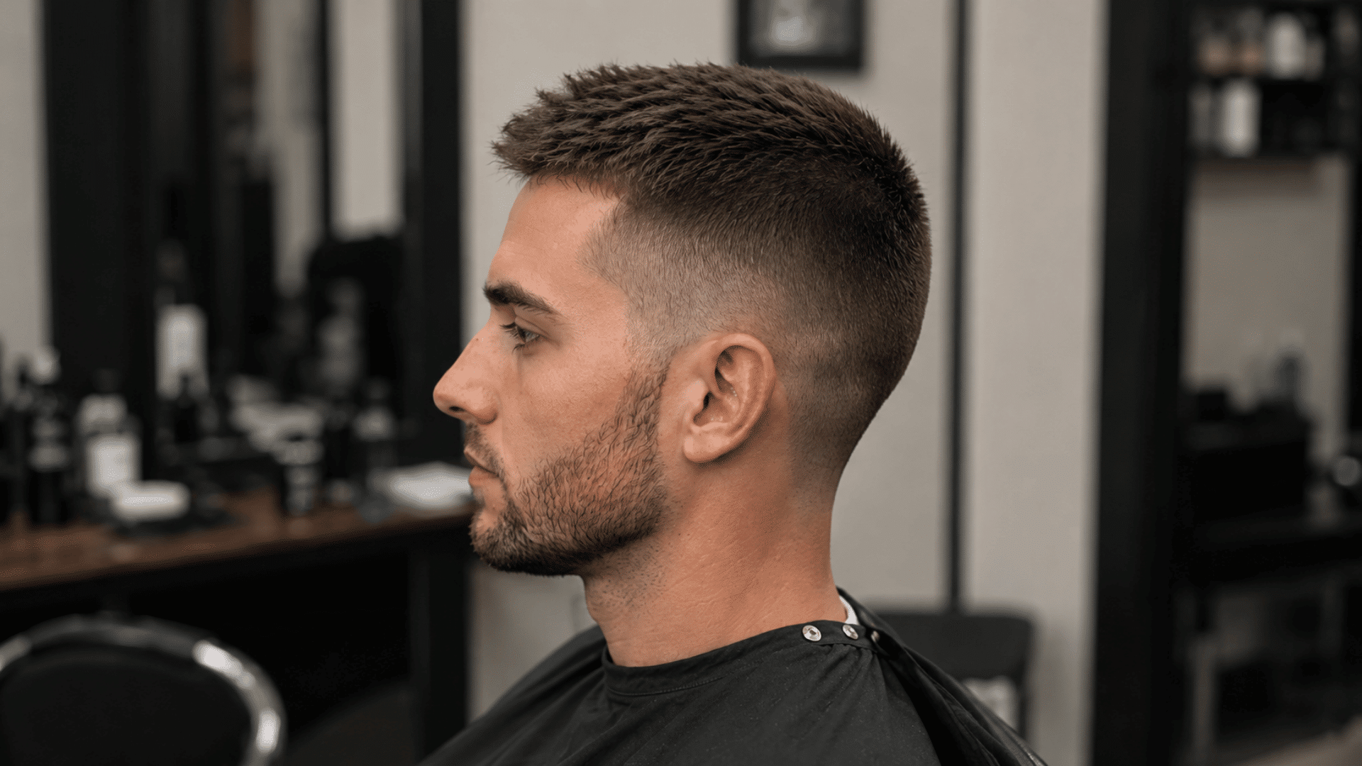 Side profile of man with crew cut and faded sides sitting in barbershop chair wearing black cape