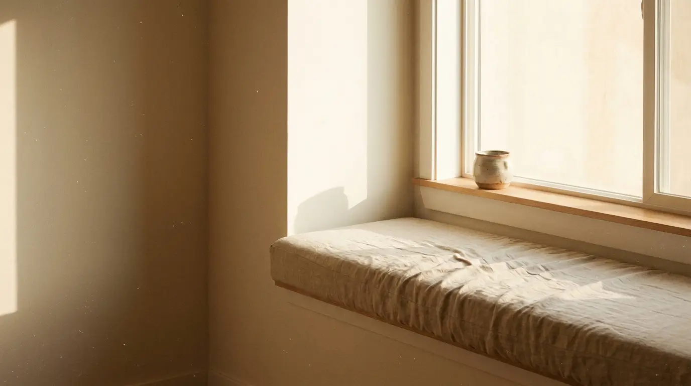 Sunlit window bench with beige cushion and small ceramic pot in minimalistic room