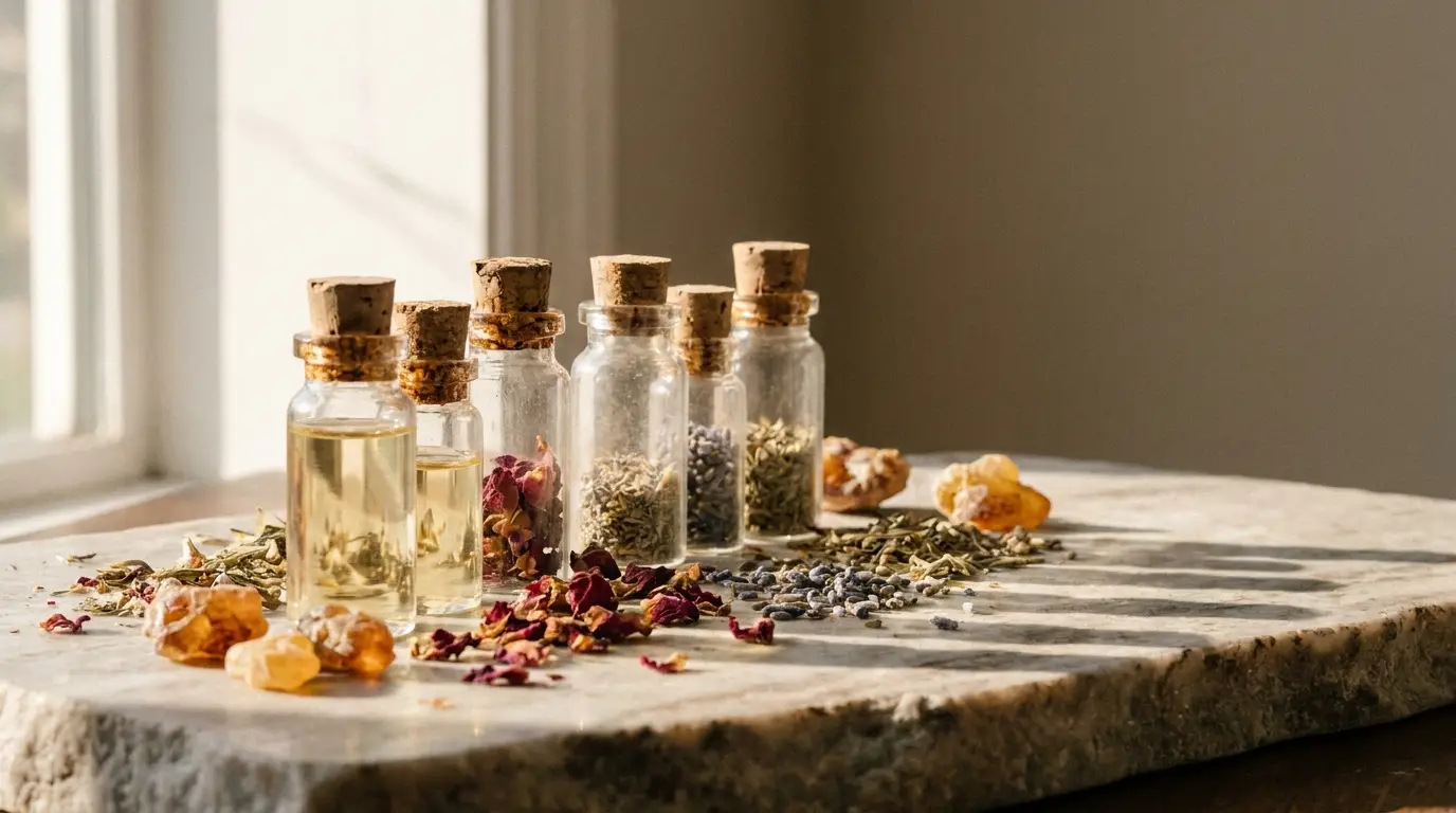 Corked glass jars with herbs and oils on a sunlit stone surface