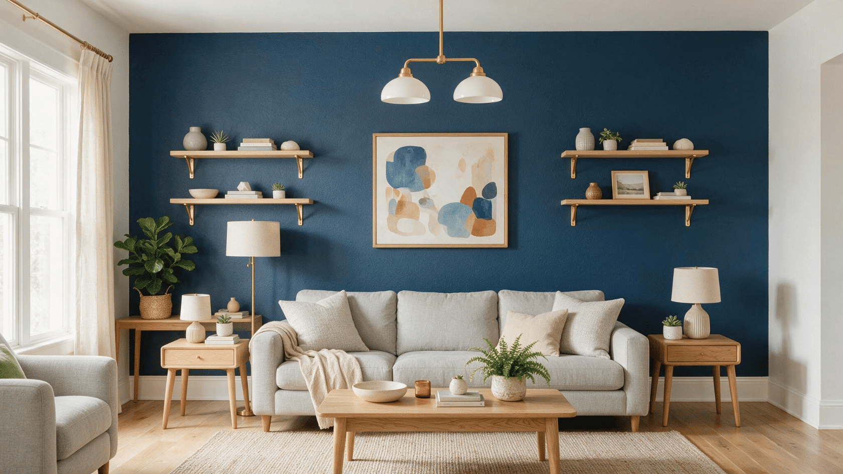 Living room with a dark accent wall, warm wood furniture, brass accents, and wall art.