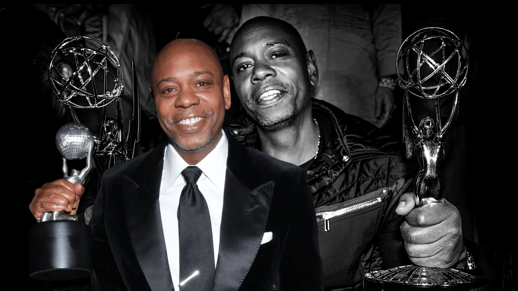 Dave Chappelle posing with awards in a black and white entertainment event photo.
