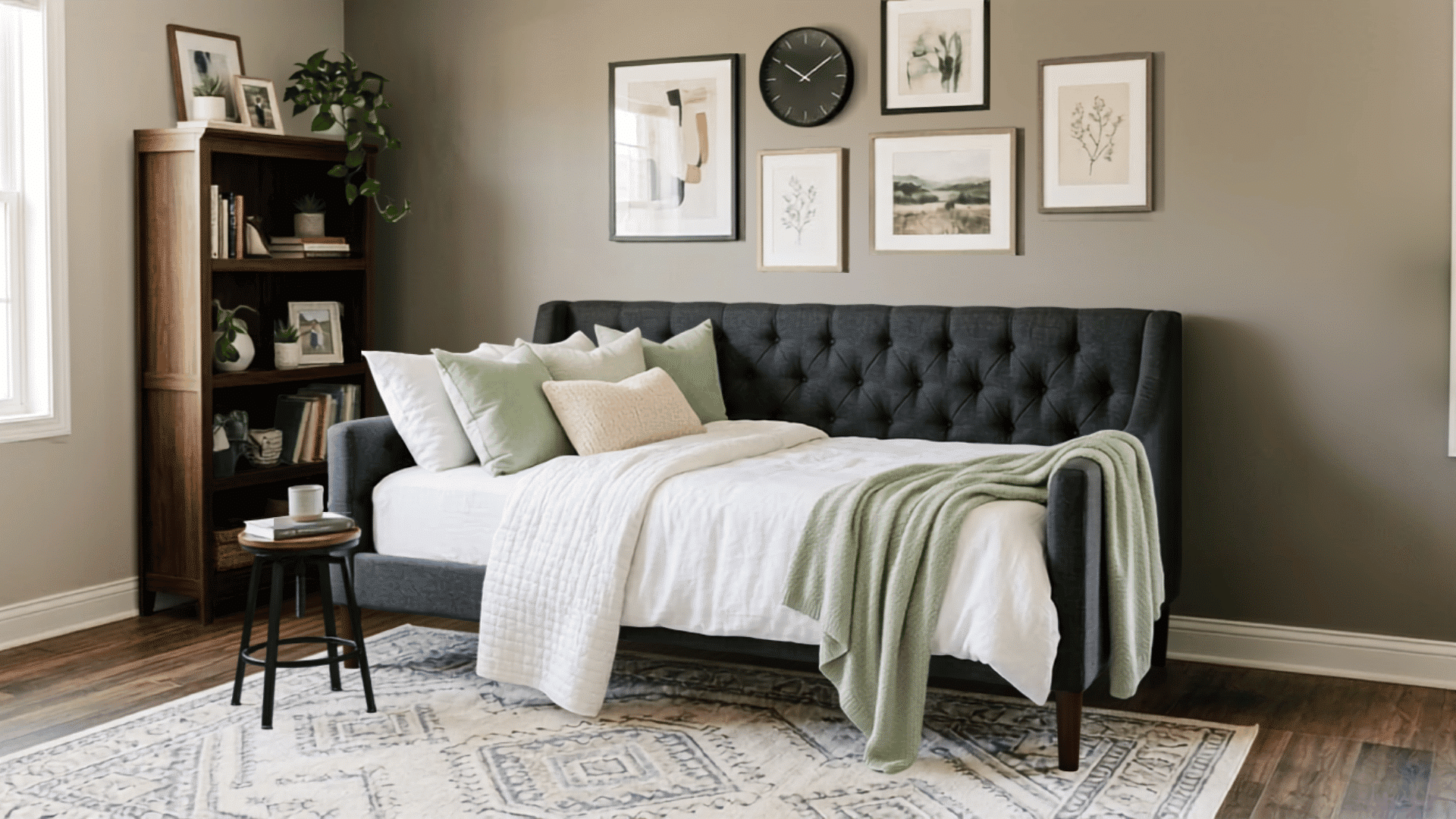 Daybed with pillows and bedding in a cozy bedroom with framed wall decor.