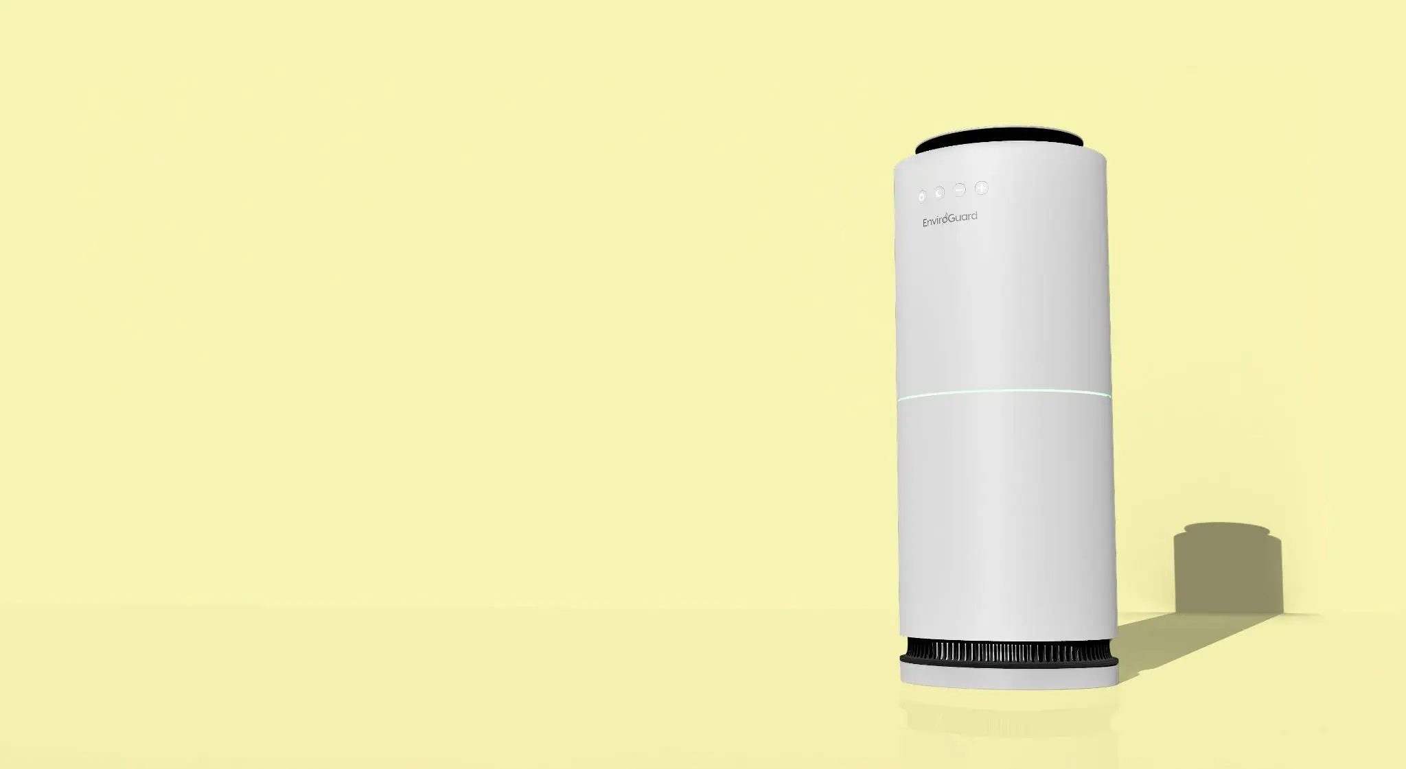 Minimalist white air purifier against pale yellow background with soft shadows
