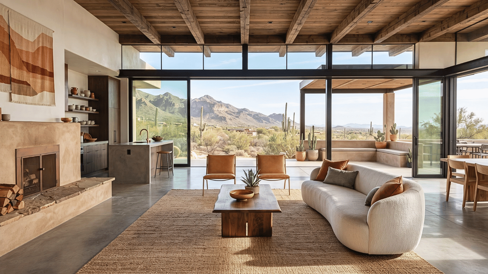 Desert modern home featuring modern interior styles with warm tones, natural textures, and minimalist inspired decor