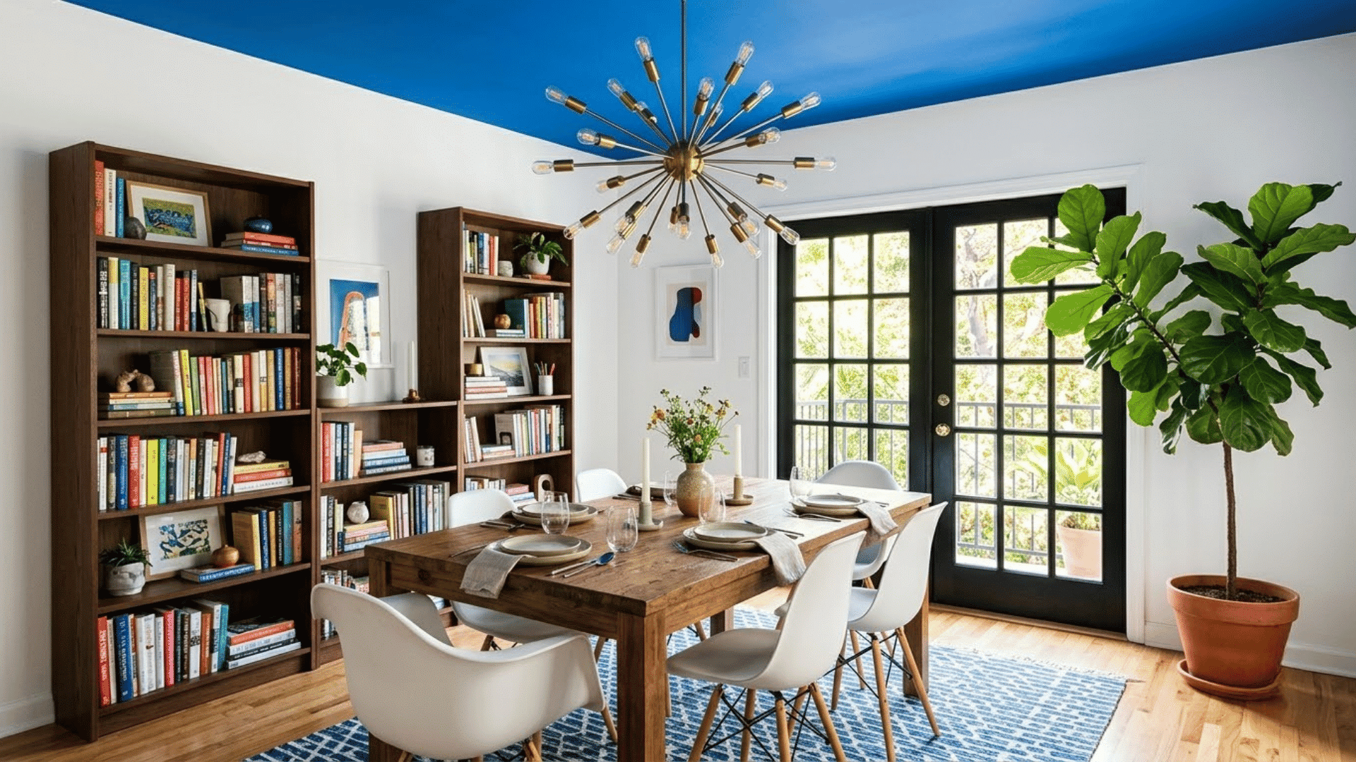Dining room with blue bright ceiling, wooden table, chairs, bookshelves, and plants .