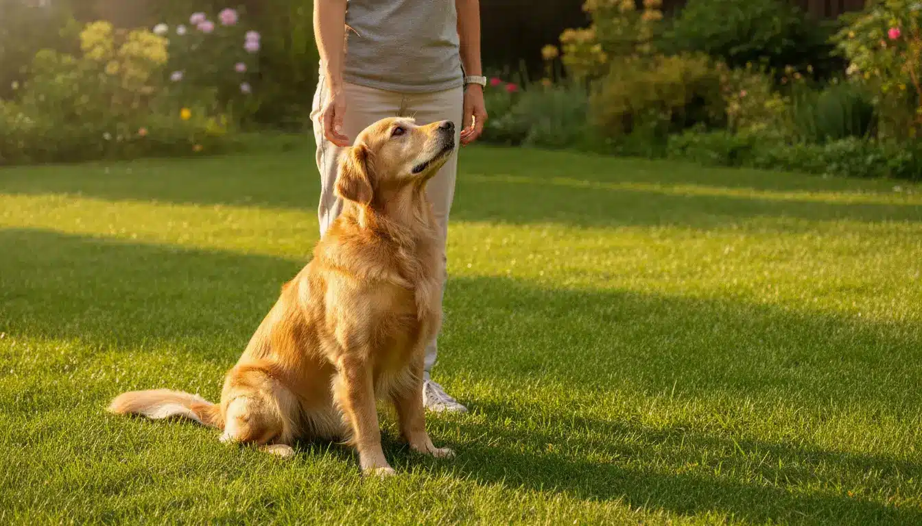 Golden retriever sitting on green grass beside person in casual attire under warm sunlight