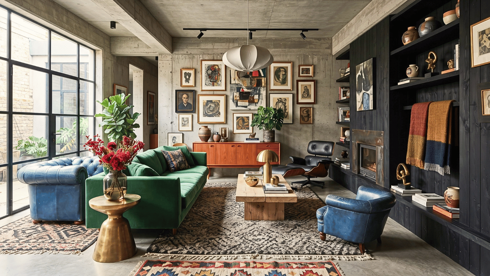 Eclectic room displaying modern interior styles with mixed furniture, unique artwork, and creative decor combinations