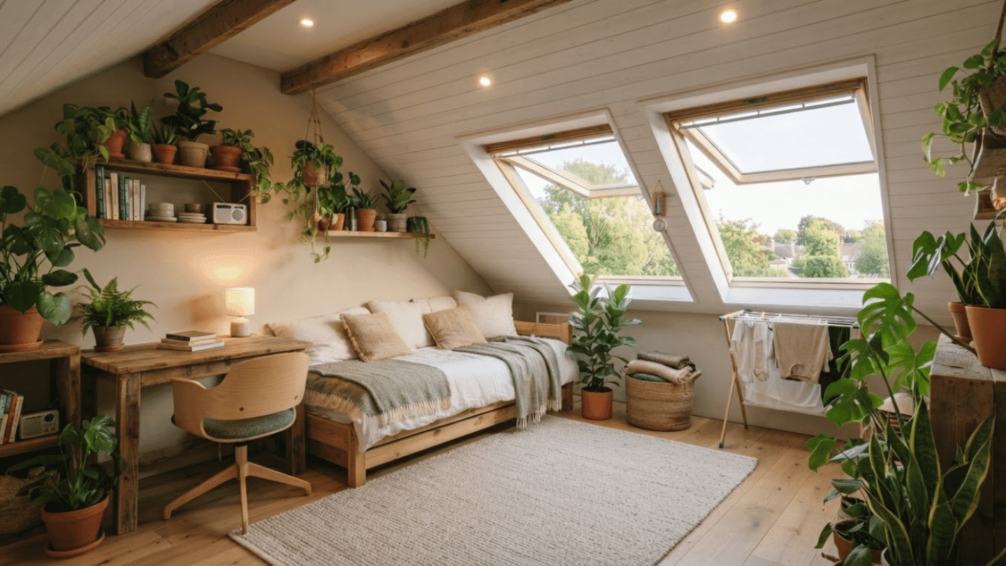 Eco-friendly attic room with sustainable materials, plants, natural light, and efficient design.