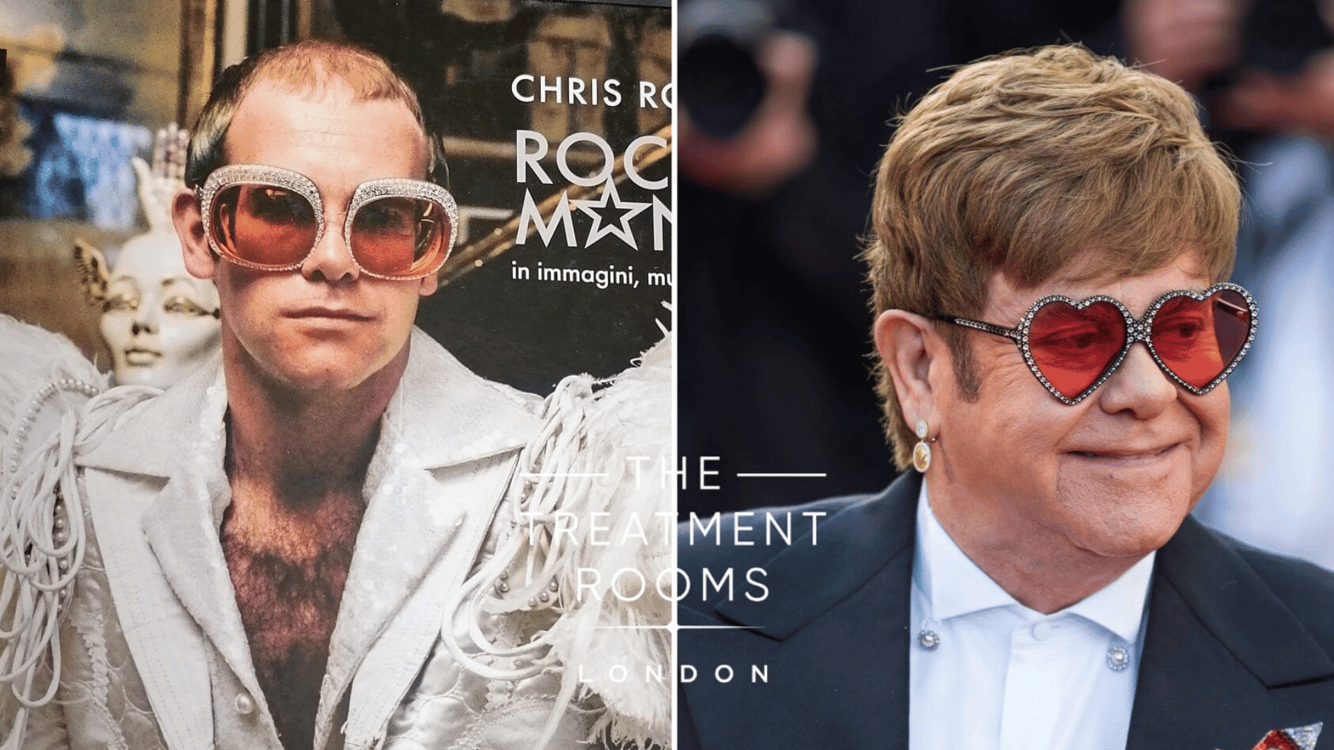 Side-by-side images of Elton John, left wearing oversized vintage glasses and performance outfit, right in a suit with heart-shaped glasses smiling at event.
