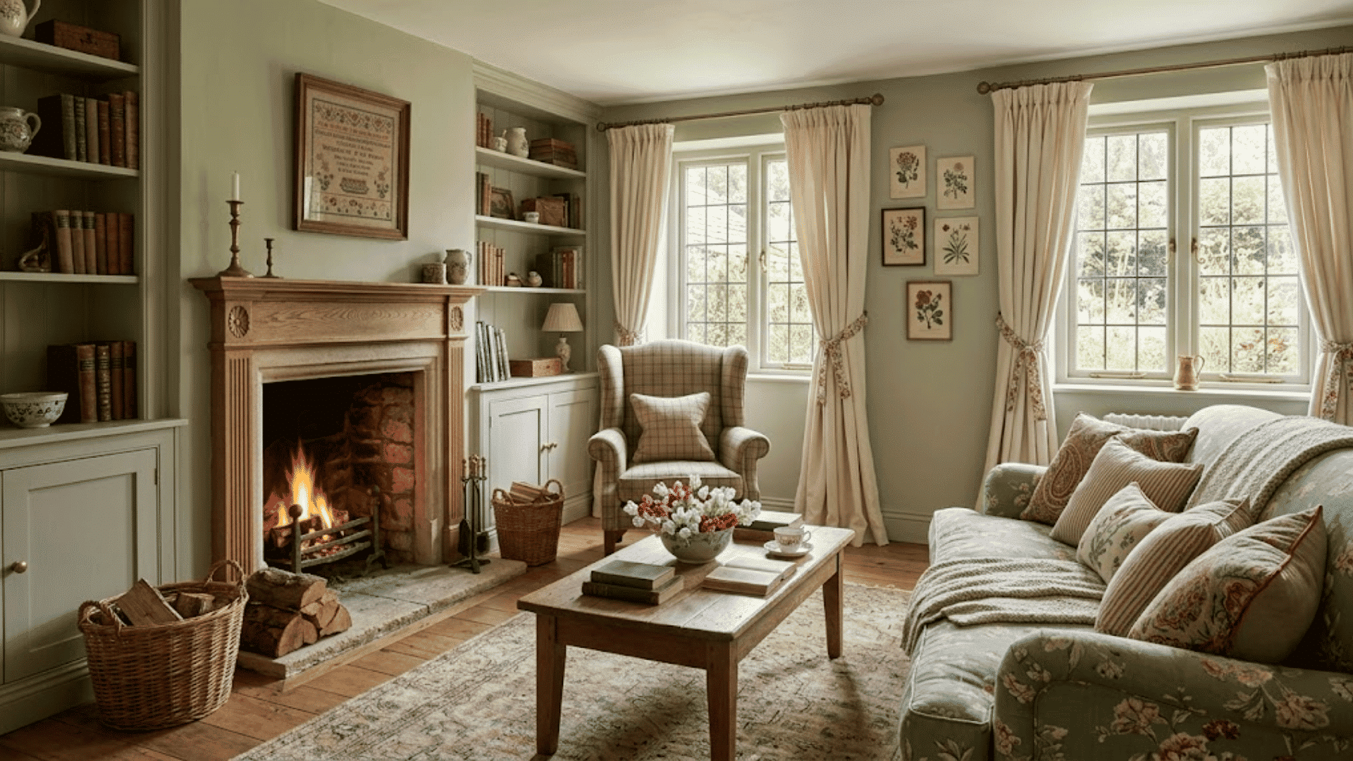 English cottage interior design styles with floral fabrics, wooden furniture, cozy fireplace, and layered traditional decor.