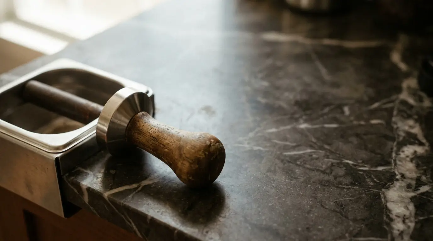 Wooden coffee tamper on dark marble countertop in soft, natural lighting