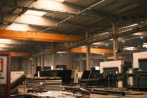 Industrial warehouse interior with machinery and overhead cranes in warm lighting