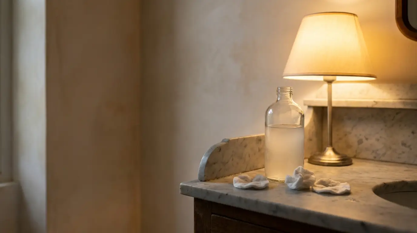 Clear glass bottle with water on marble countertop beside warm-lit table lamp in cozy room