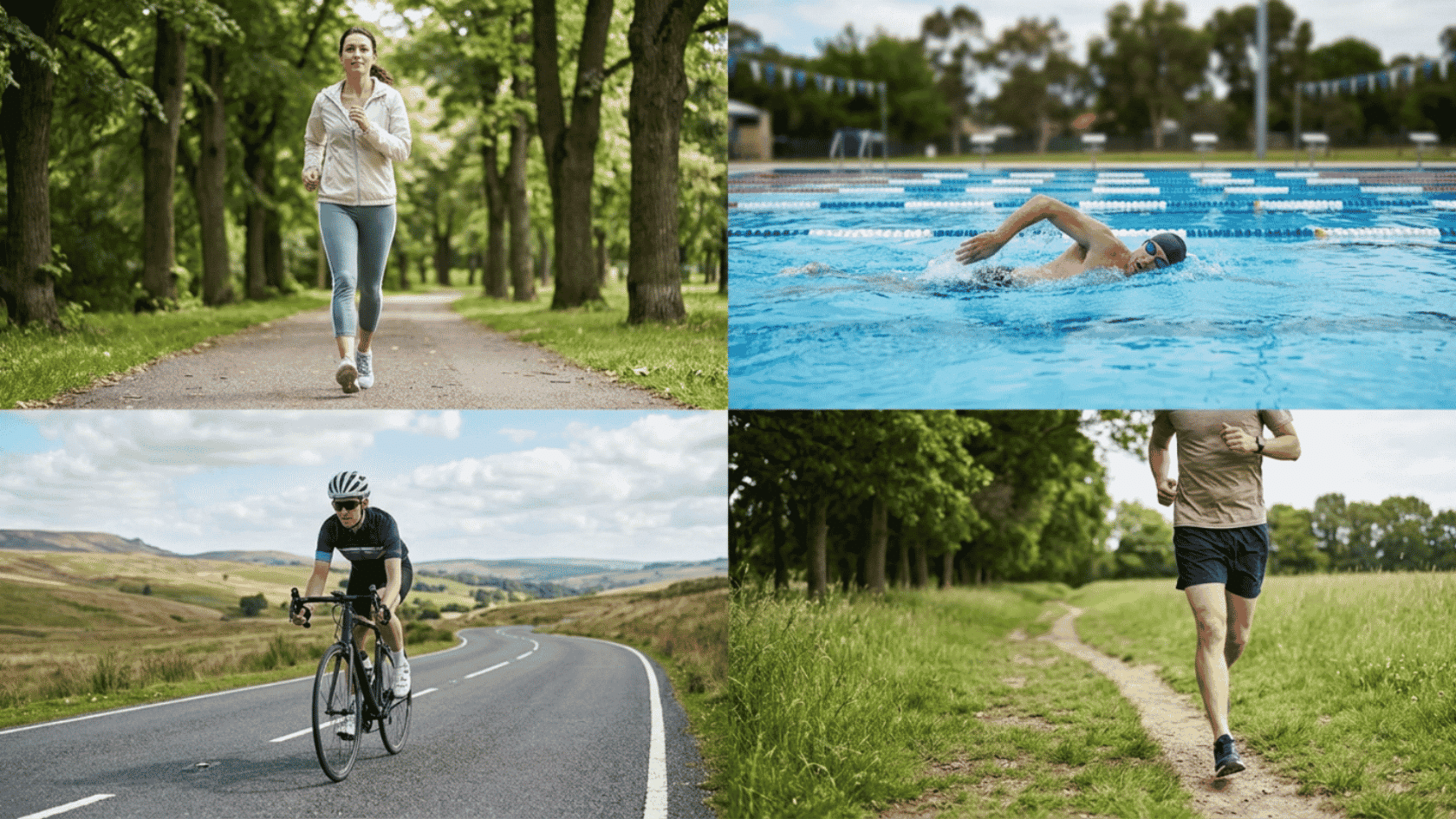 Four-panel collage showing people running, swimming, cycling, and jogging outdoors.