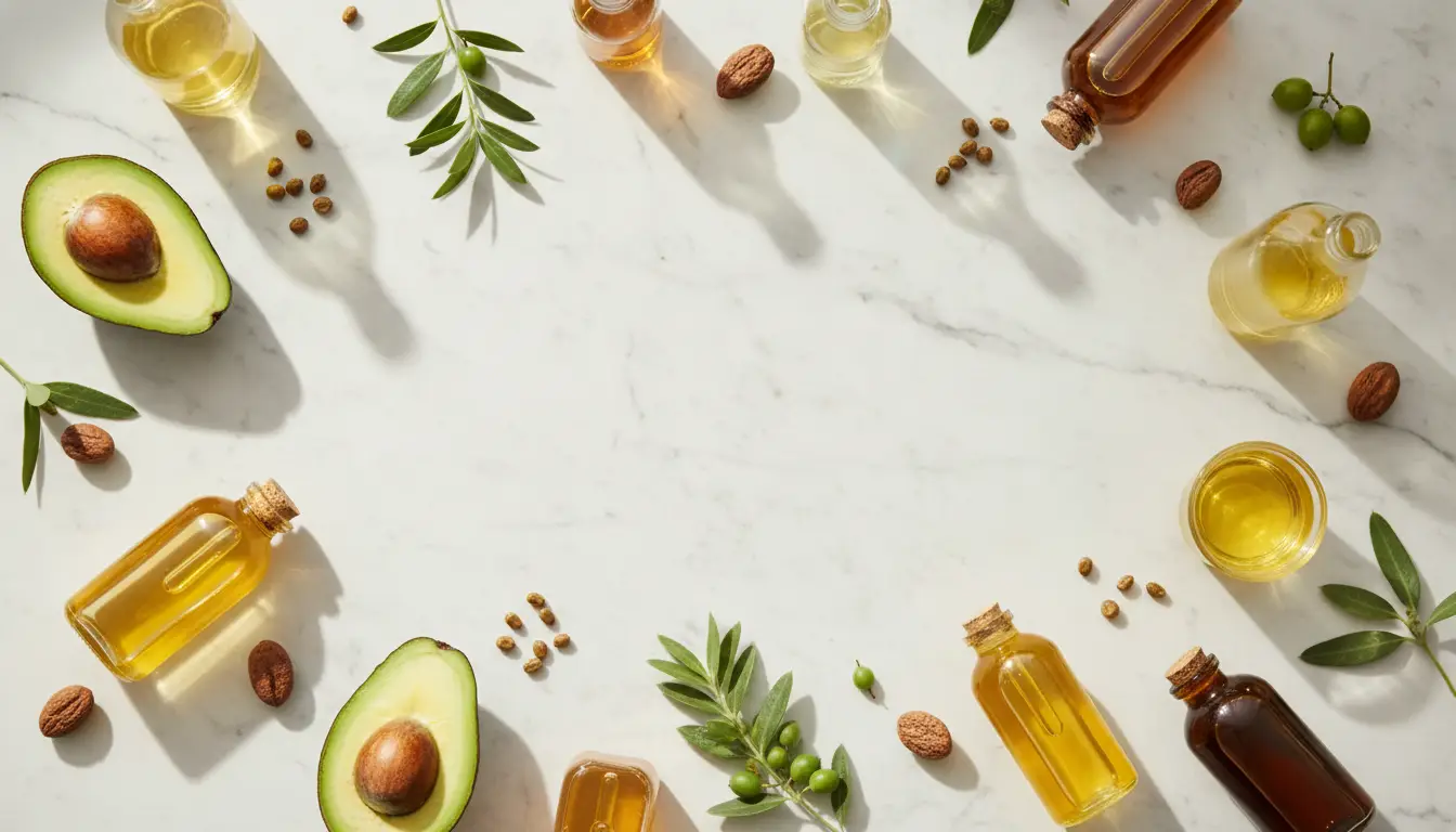 Glass bottles of oil, avocado halves, almonds, and green leaves on white marble surface