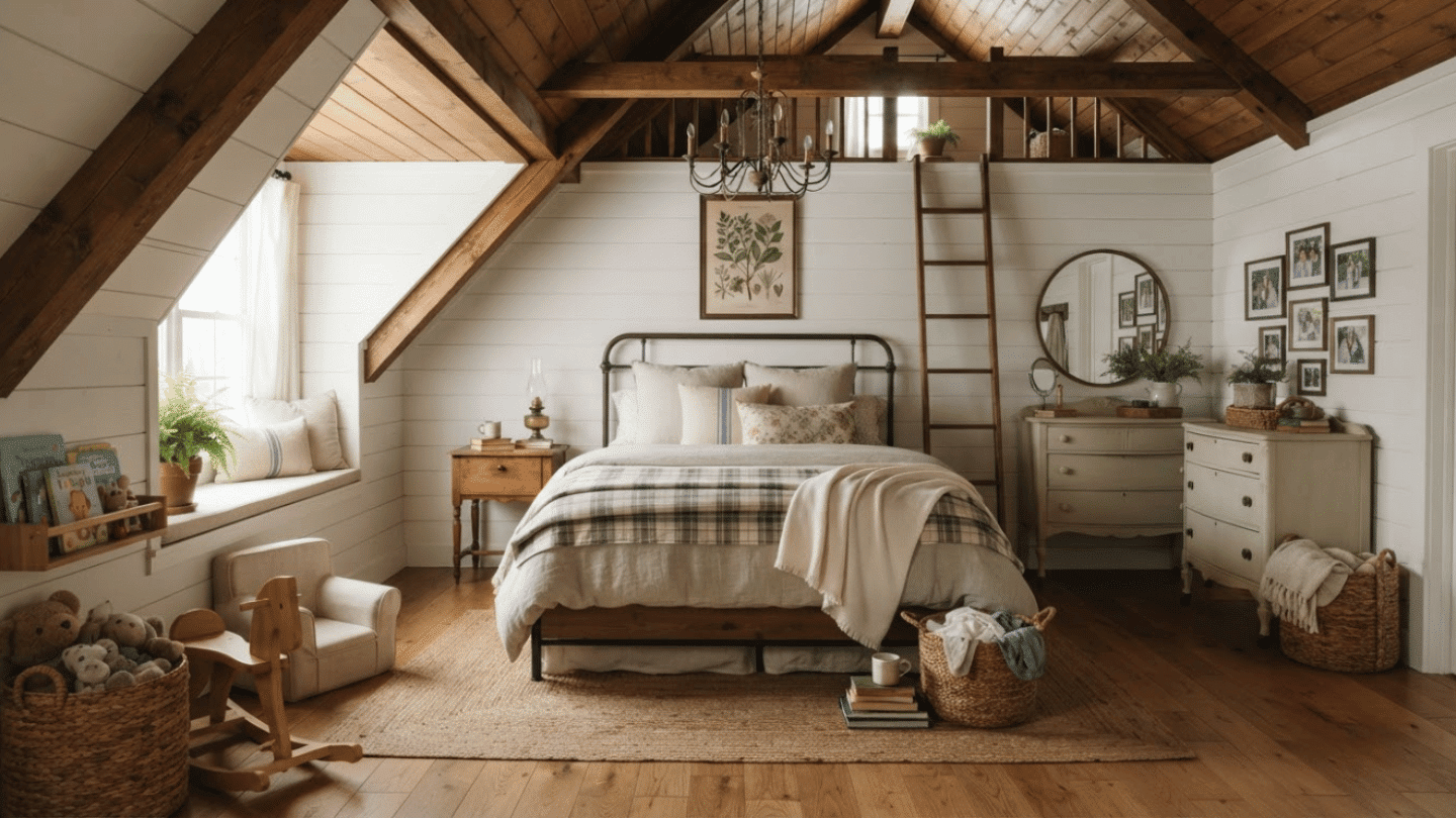 Farmhouse attic bedroom with wooden accents, soft fabrics, vintage lighting, and cozy details.