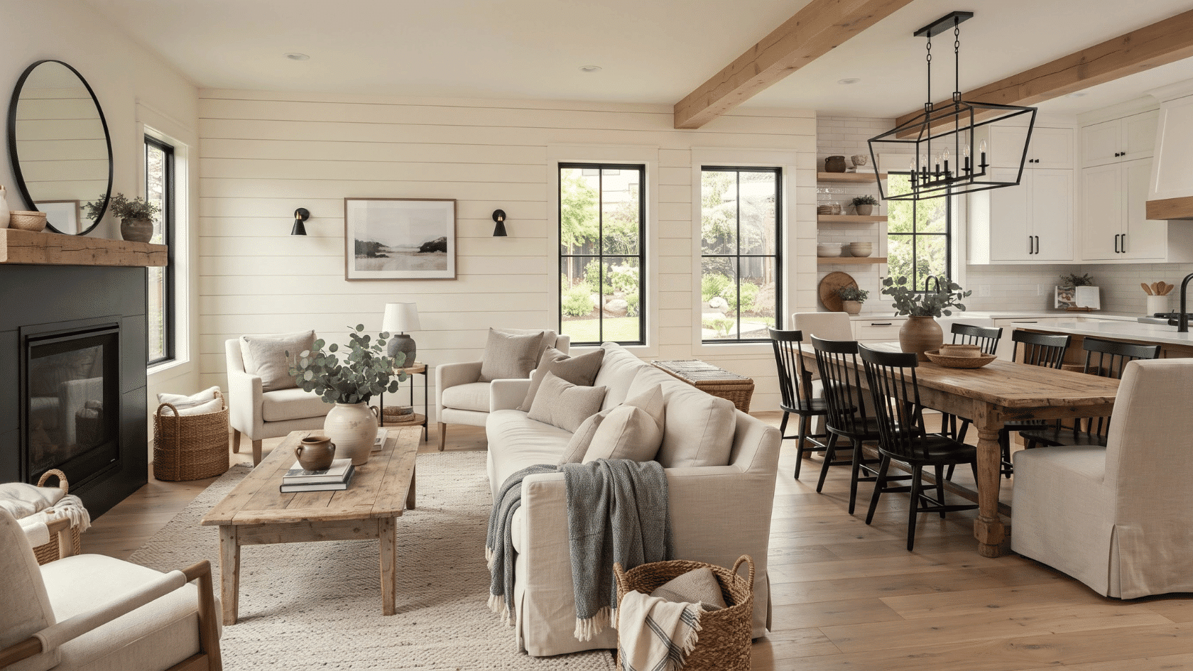 Farmhouse interior with modern interior styles using rustic elements, wooden details, and cozy decor for inviting homes