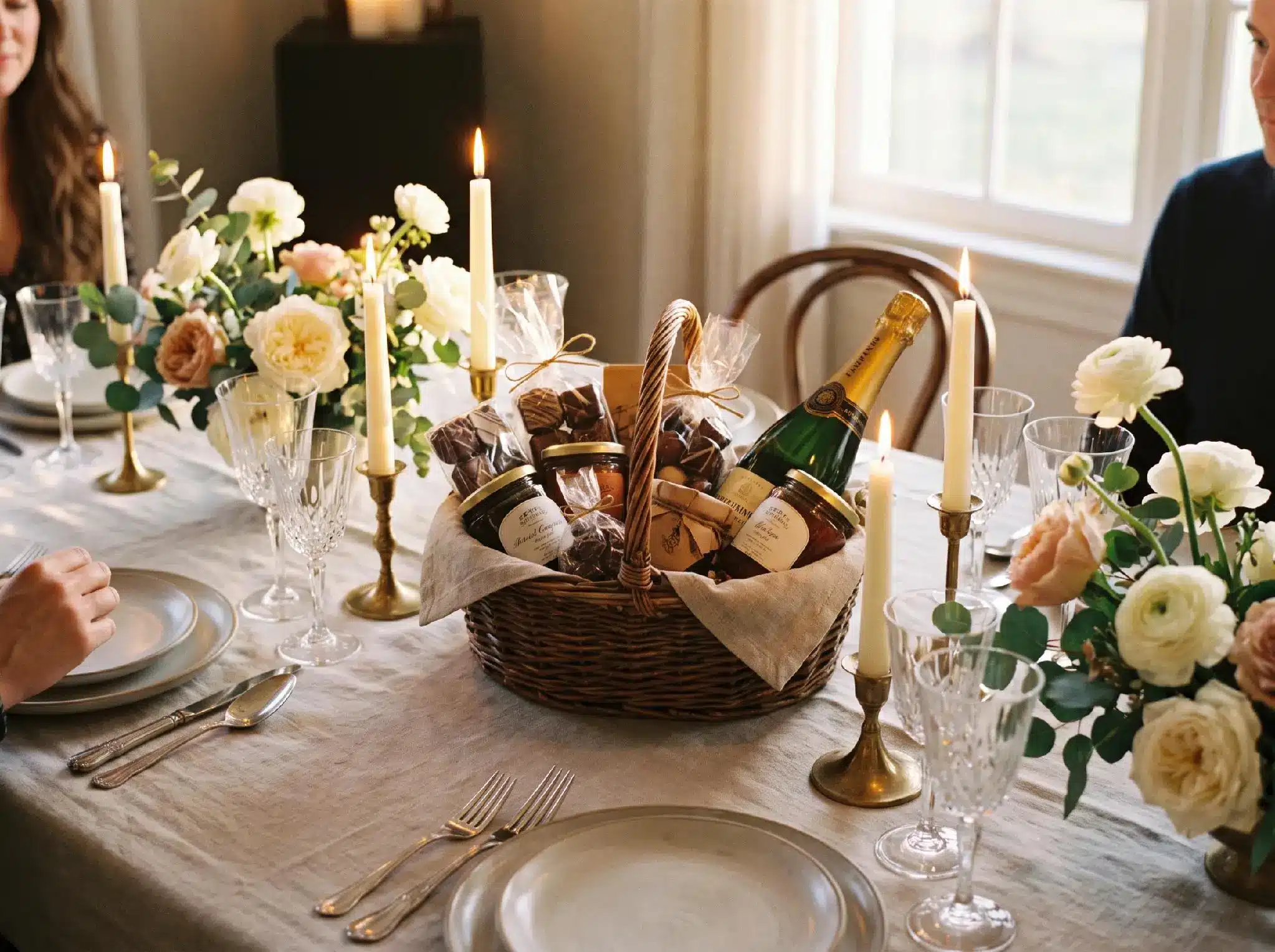 Gift basket with champagne and chocolates on elegant table with candles and flowers