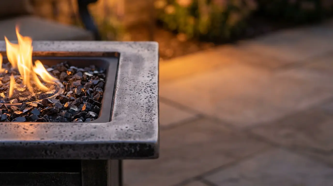 Outdoor fire pit with burning flames on stone patio in warm evening light
