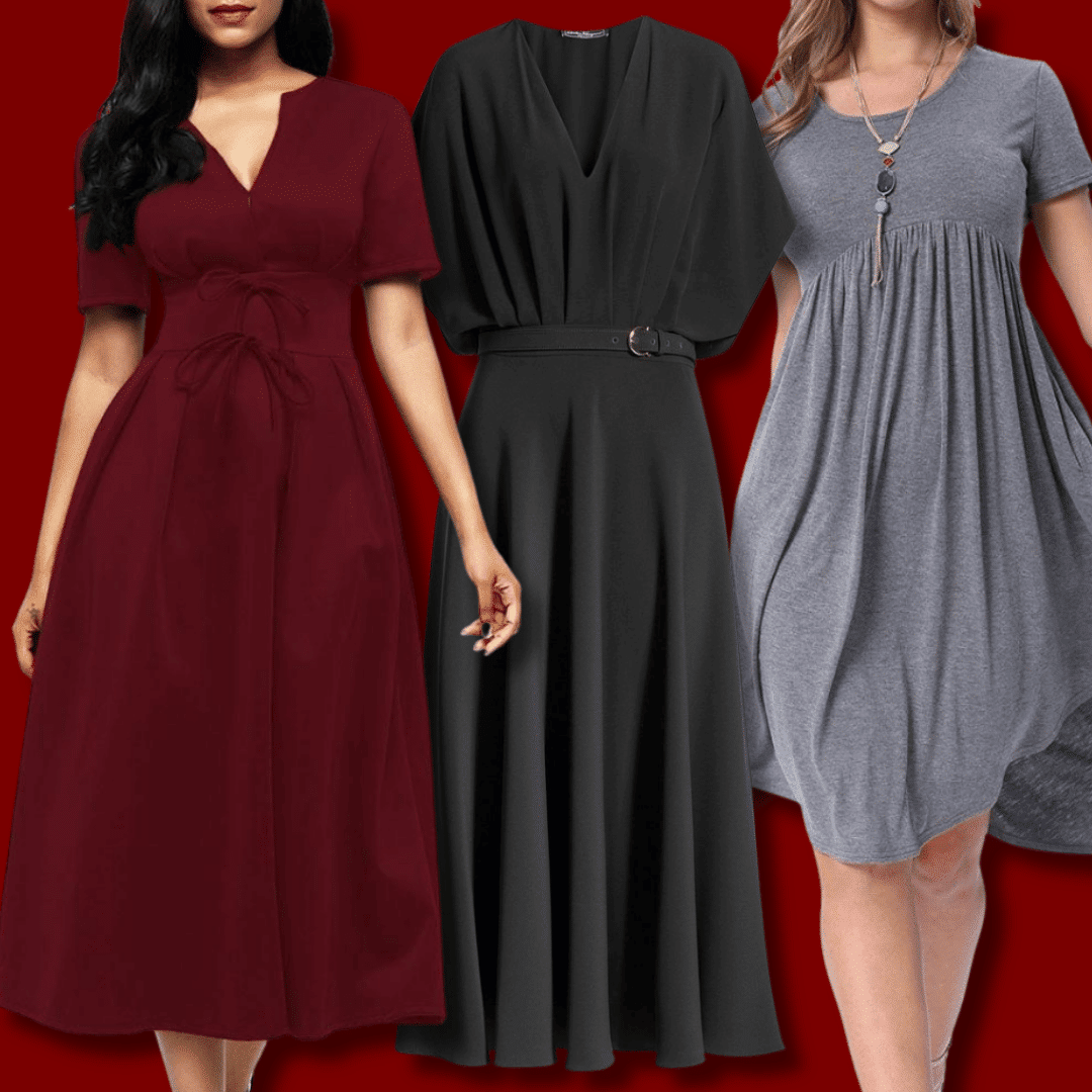 Fit-and-flare dresses in burgundy, black, and gray featuring fitted waists and flowing skirts.