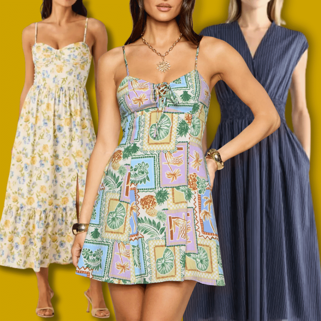 Floral and navy sundress styles with lightweight fabrics, flattering fits, and breezy summer silhouettes.