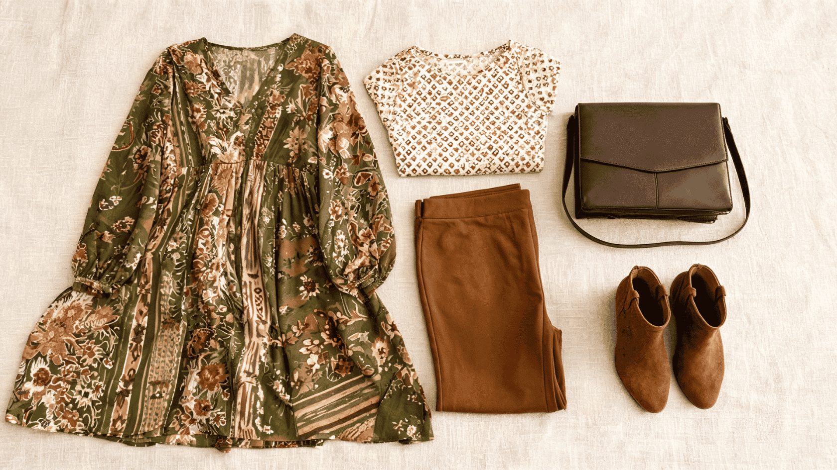 Floral dress, patterned top, brown pants, shoes, and handbag arranged on a light fabric surface.