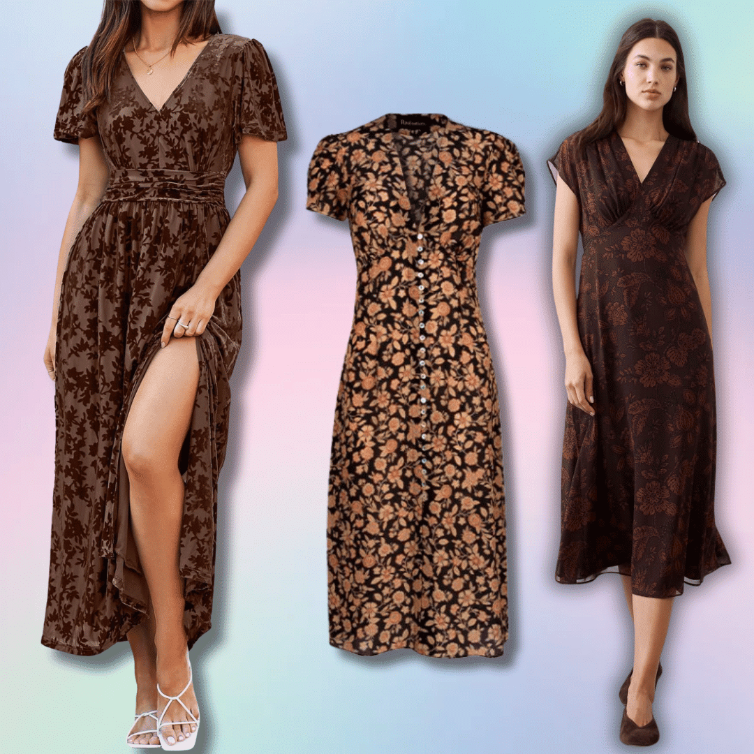 Floral empire waist dresses for women in brown and burgundy with flowing midi and maxi silhouettes.
