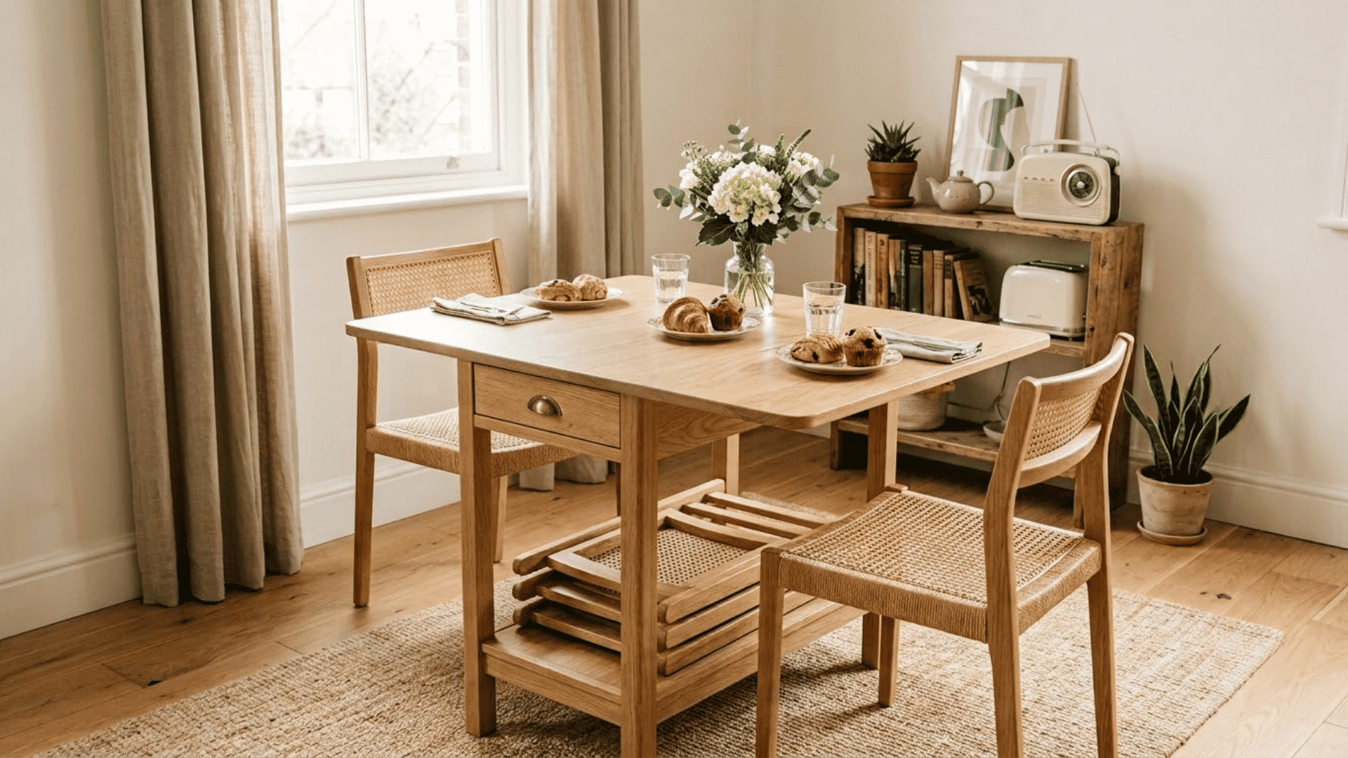 Foldable wooden dining table in a bright room with chairs and simple decor.