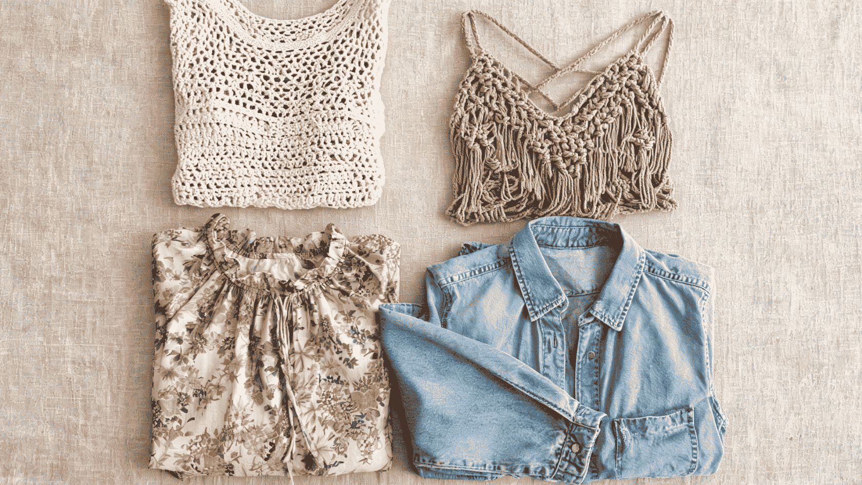 Folded tops and blouses arranged on a textured fabric surface with different fabric patterns and colors visible.