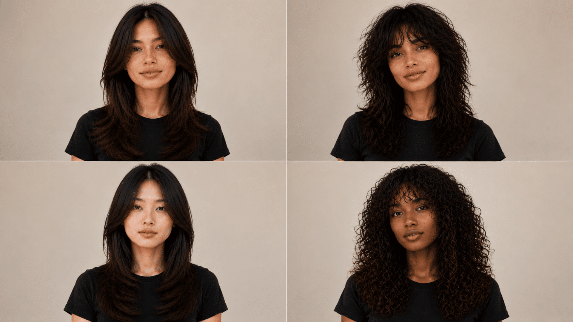 Four-panel comparison of butterfly cut vs wolf cut across straight, wavy, thick, and curly hair textures.