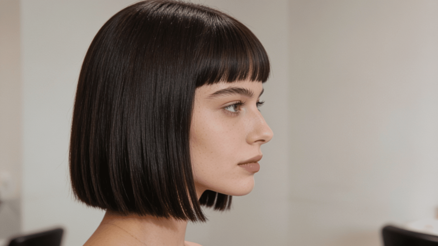 Jaw-length French bob with a blunt fringe and straight, blunt ends