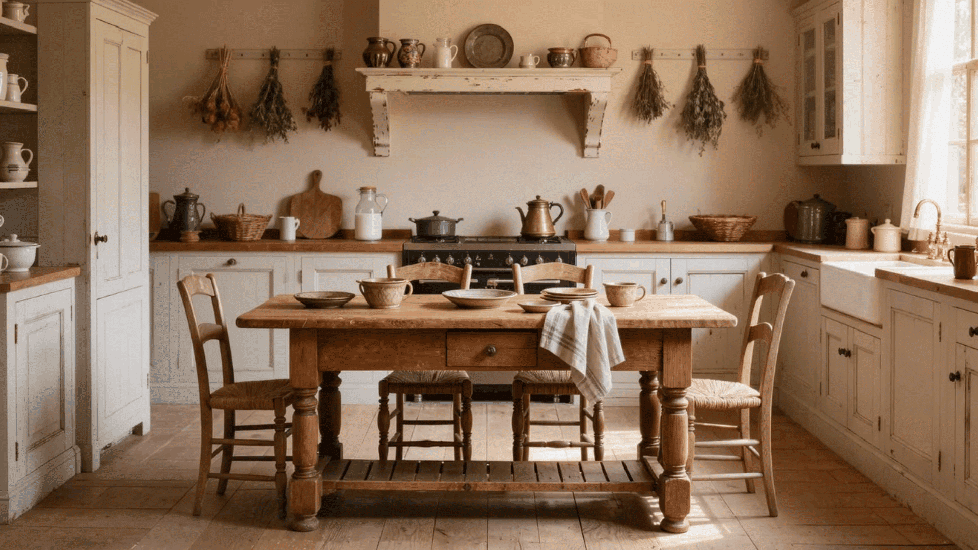 French country interior design styles kitchen with wooden table, vintage cabinets, and rustic decor.