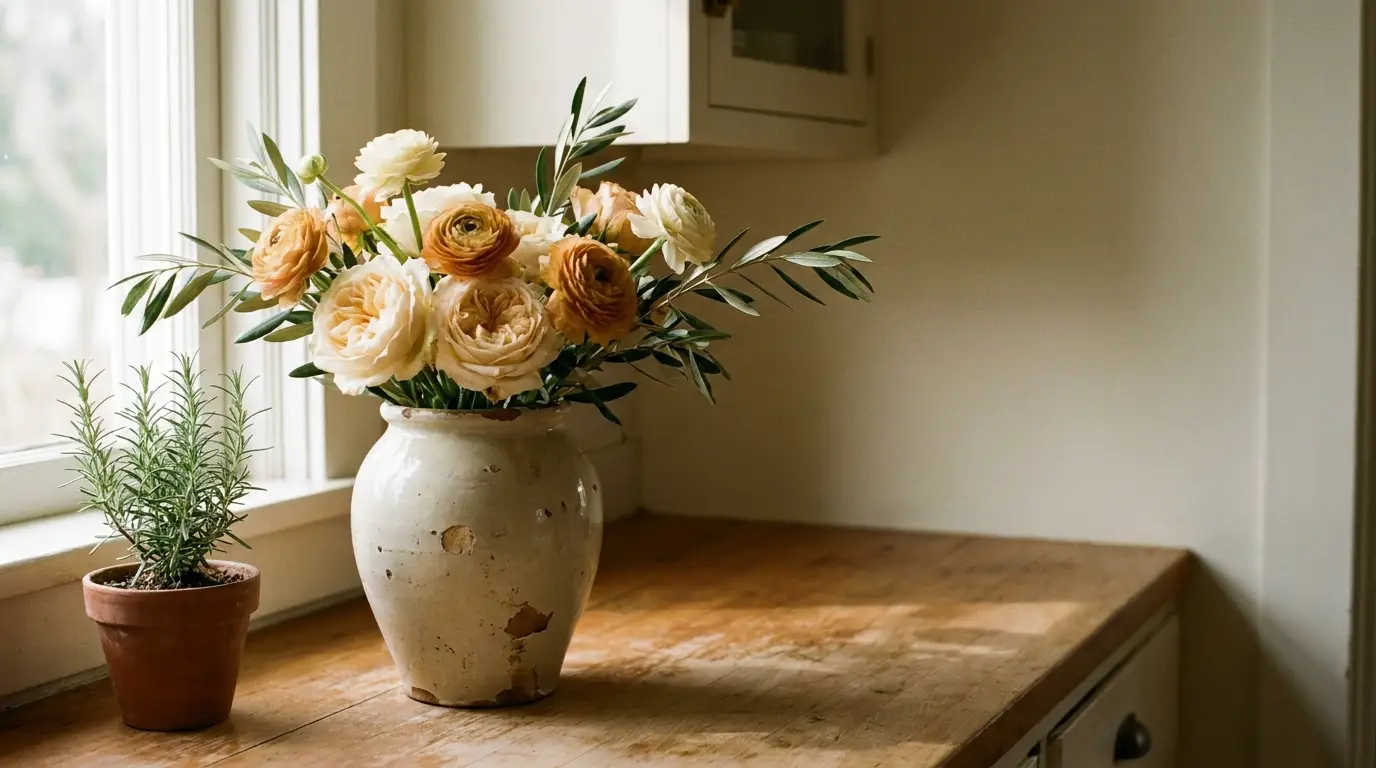 Flower bouquet with roses in ceramic vase on wooden kitchen counter near window