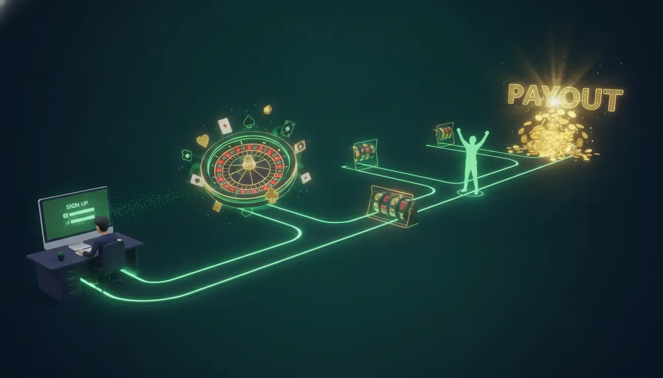 Computer user registering online, with casino games leading to a payout of coins on dark background