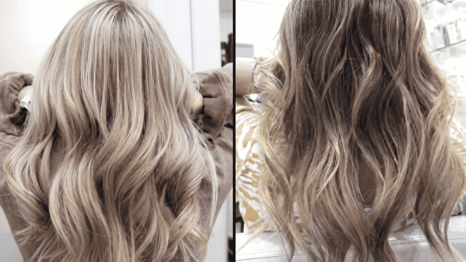 Blonde and brown hair shown side by side with long waves and highlighted sections.