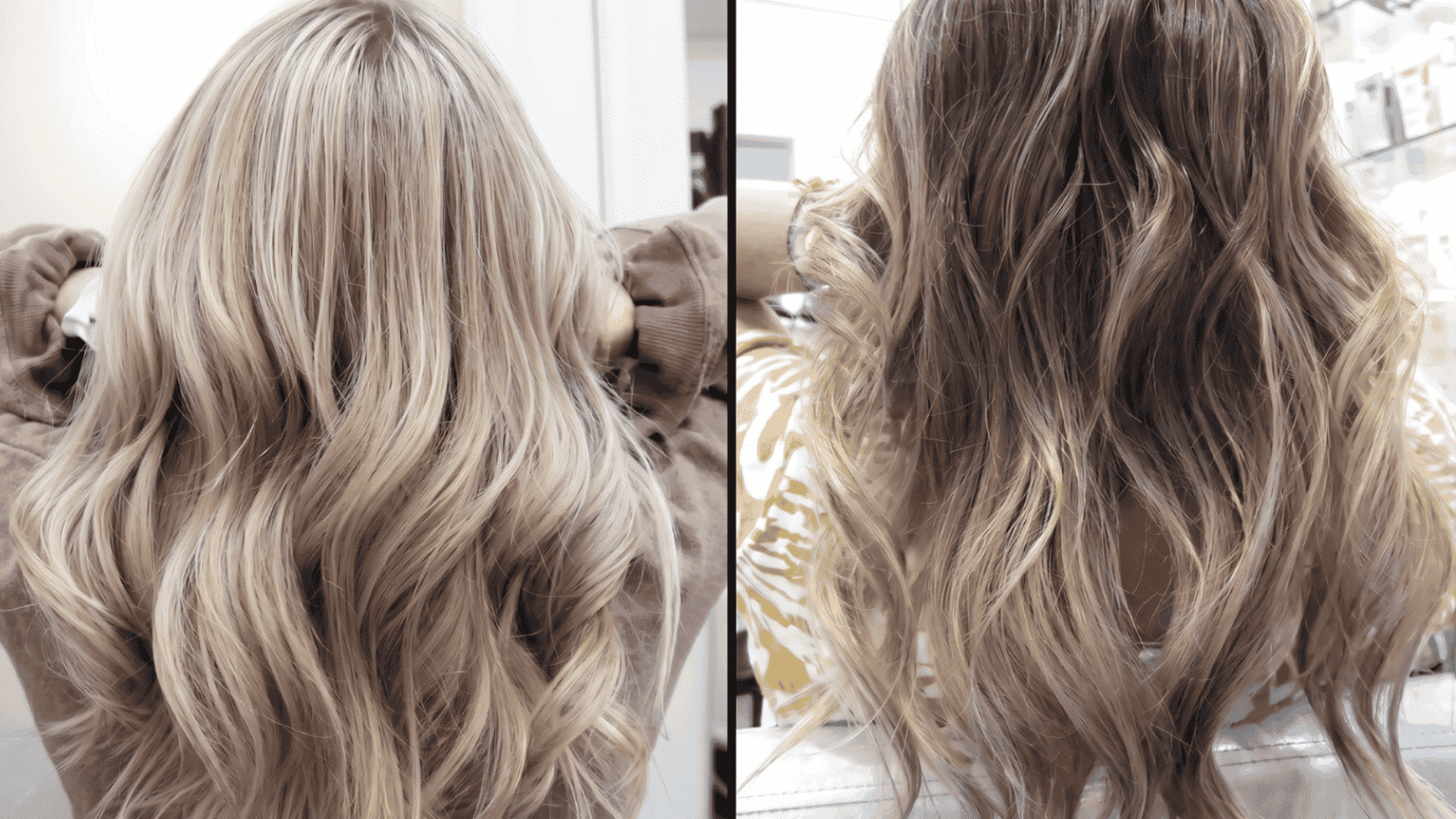Blonde and brown hair shown side by side with long waves and highlighted sections.