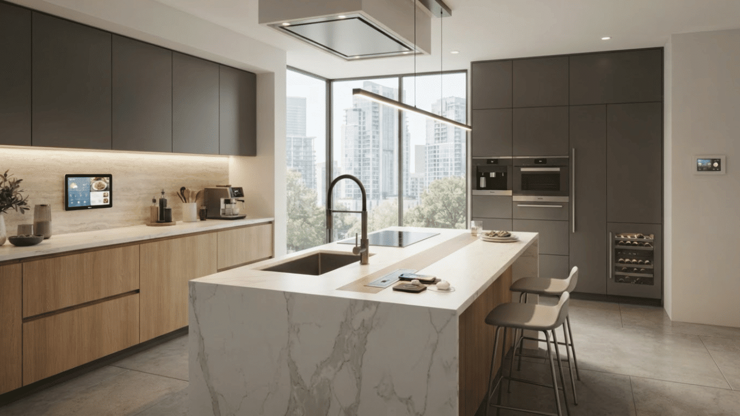 Futuristic contemporary kitchen with smart appliances, touch features, hidden charging, and sleek integrated technology.