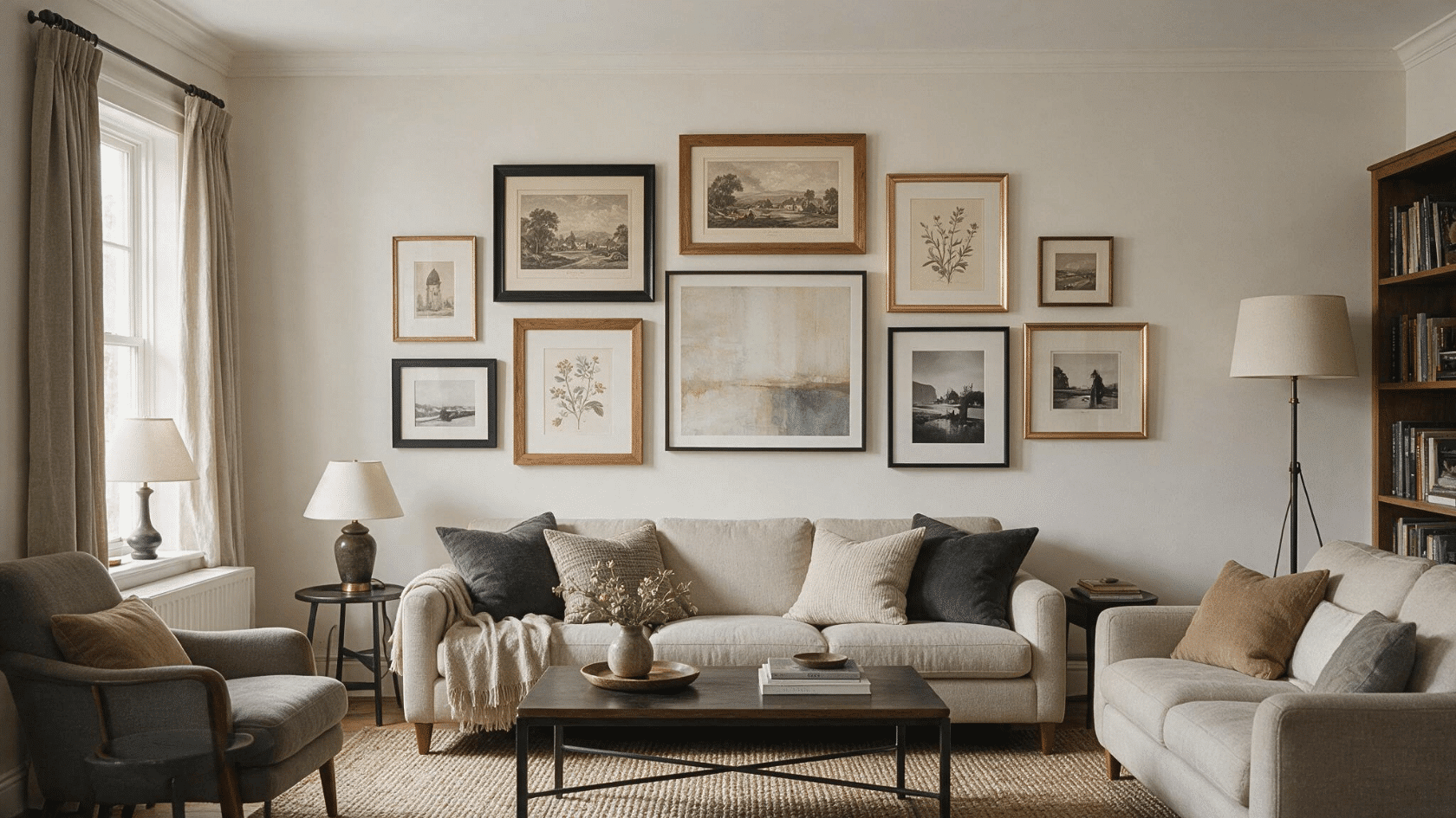 Living room with a gallery wall of mixed frames above a sofa.