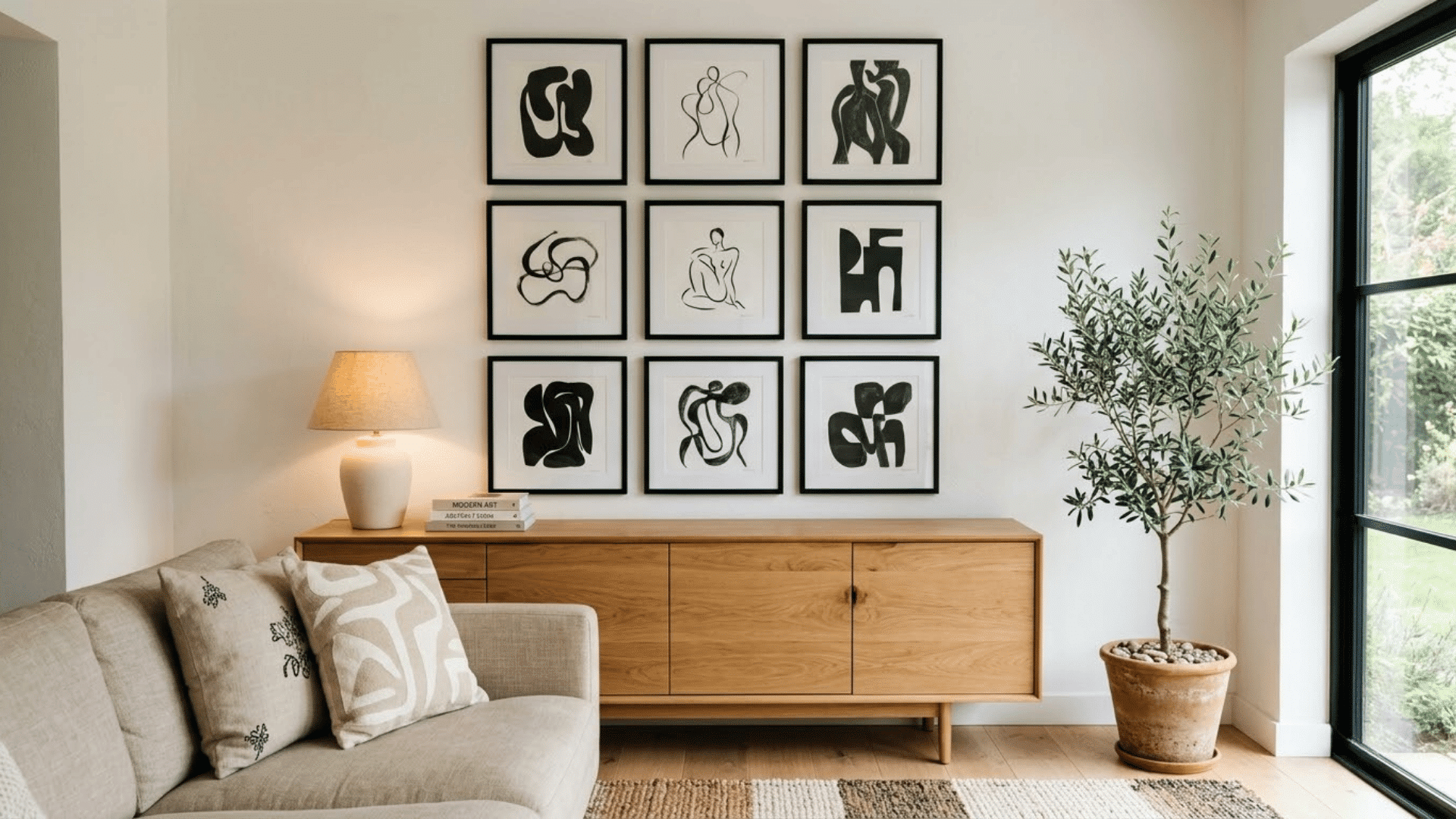 Gallery wall with framed artwork above a sofa in a modern living room.