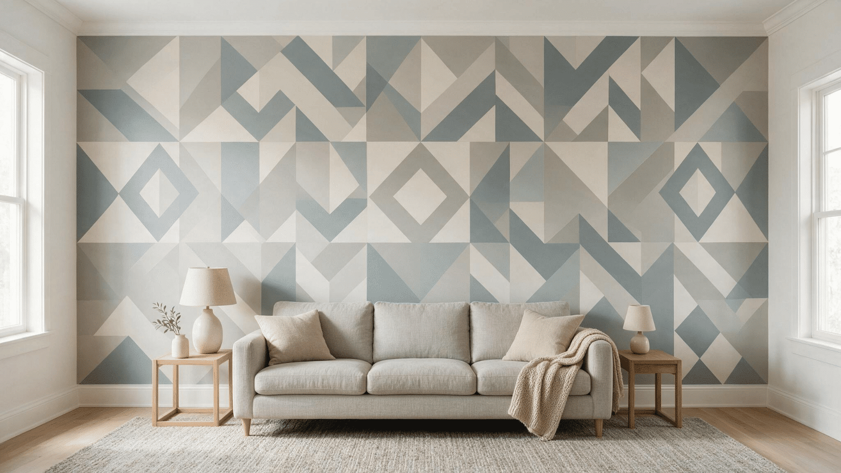 Living room with a geometric painted accent wall in two shades and minimal furniture.