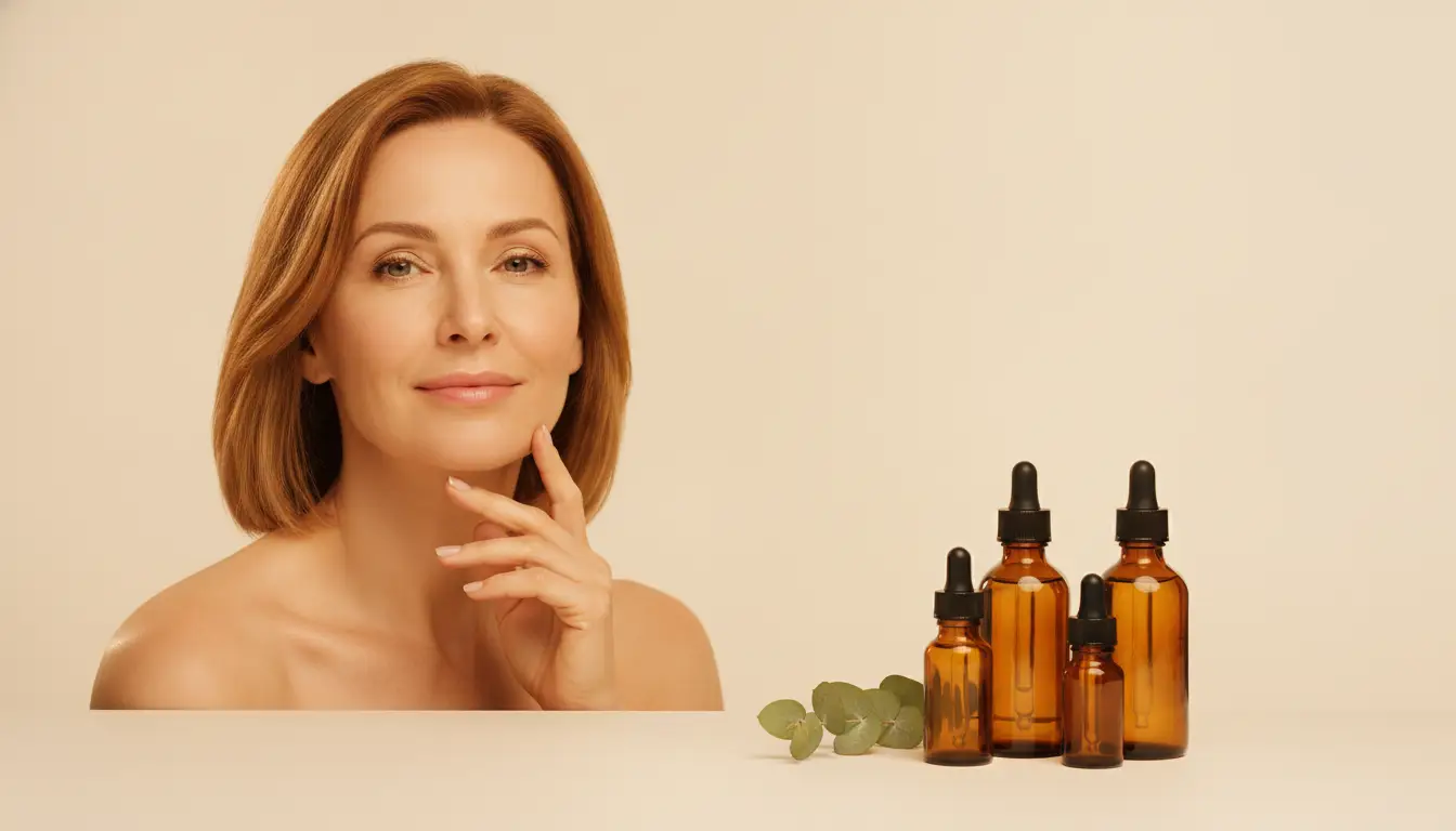 Person with amber glass dropper bottles and eucalyptus leaves on beige backdrop