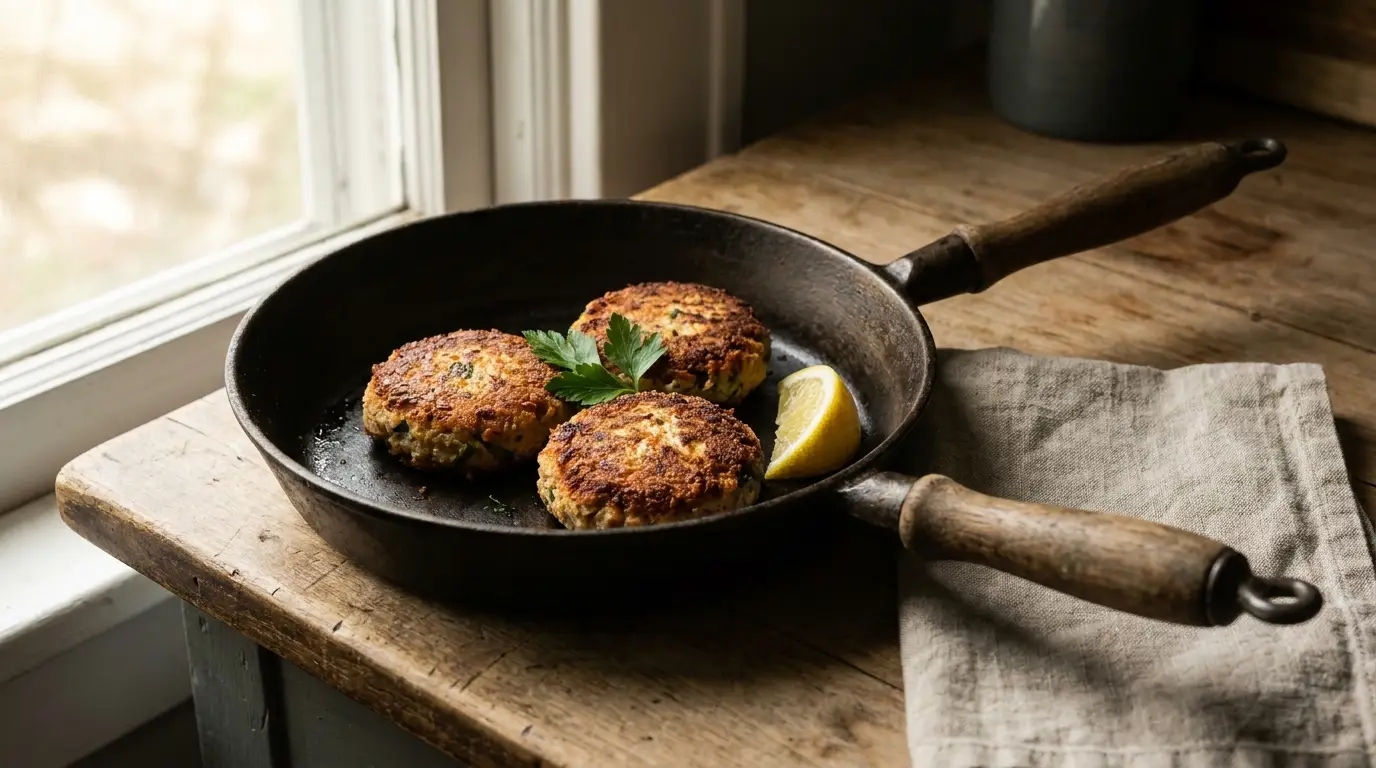 Three cooked patties in skillet with lemon and parsley on rustic wooden counter
