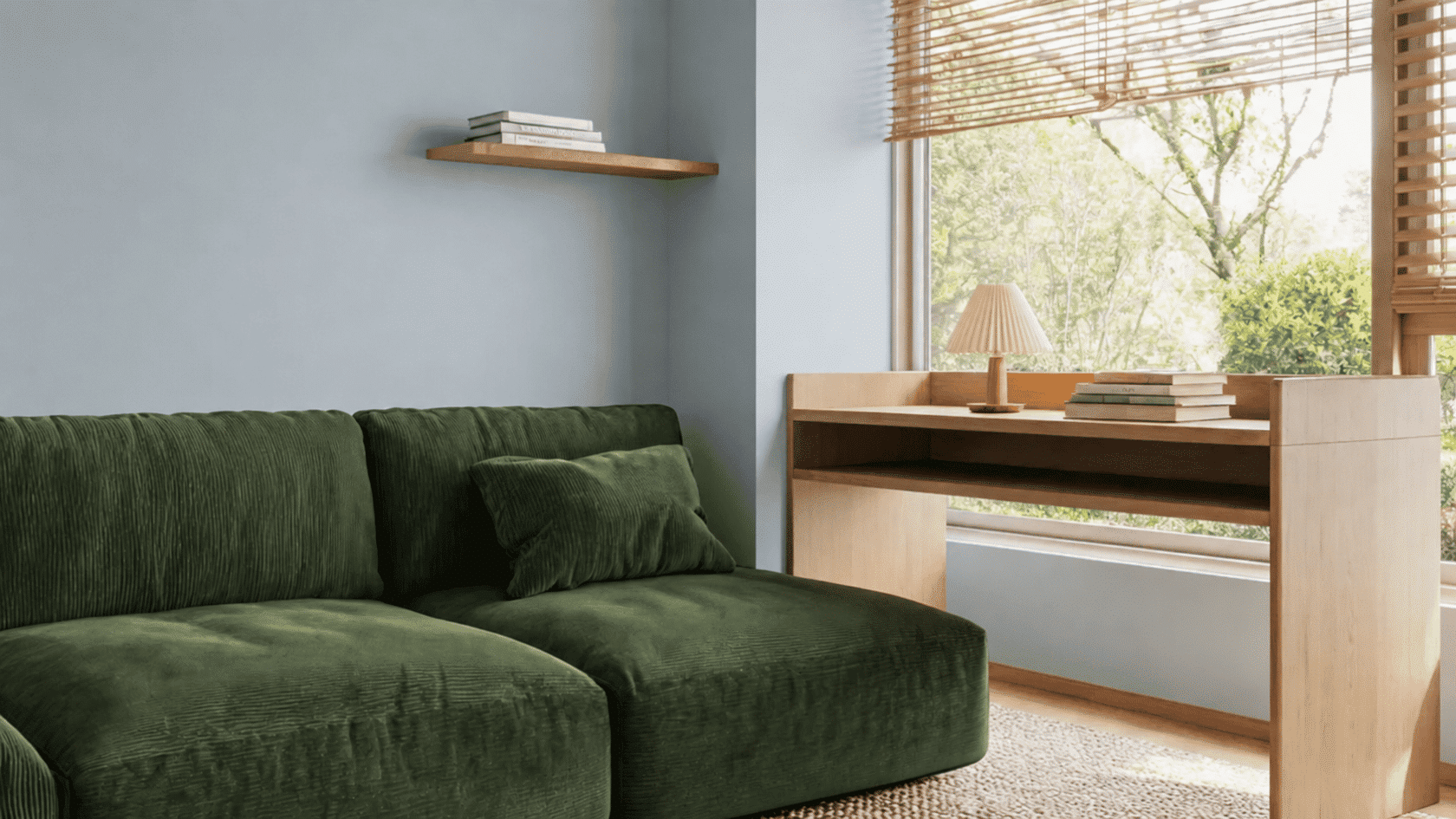Green sofa with cushions beside a wooden desk, shelf, books, lamp, and window with blinds.