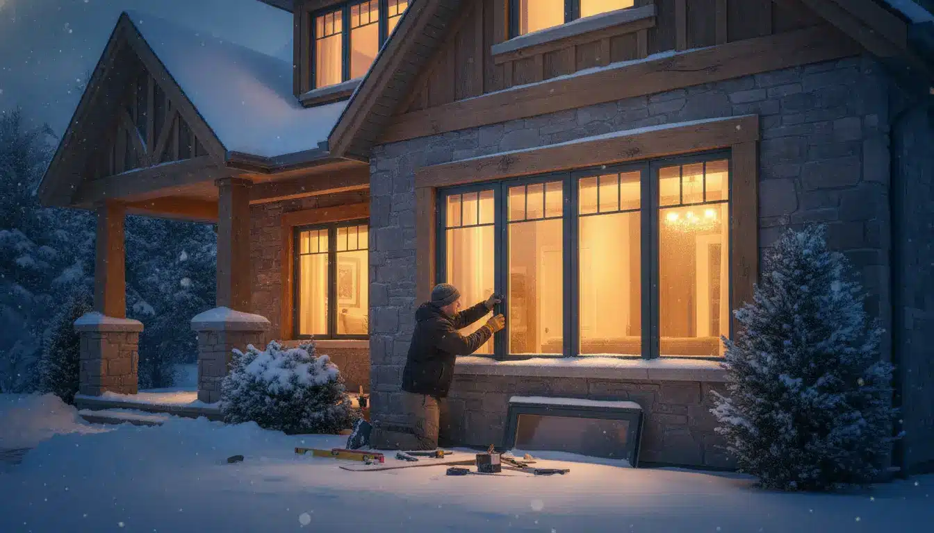 Man wearing winter clothing installing window on snowy house exterior at dusk