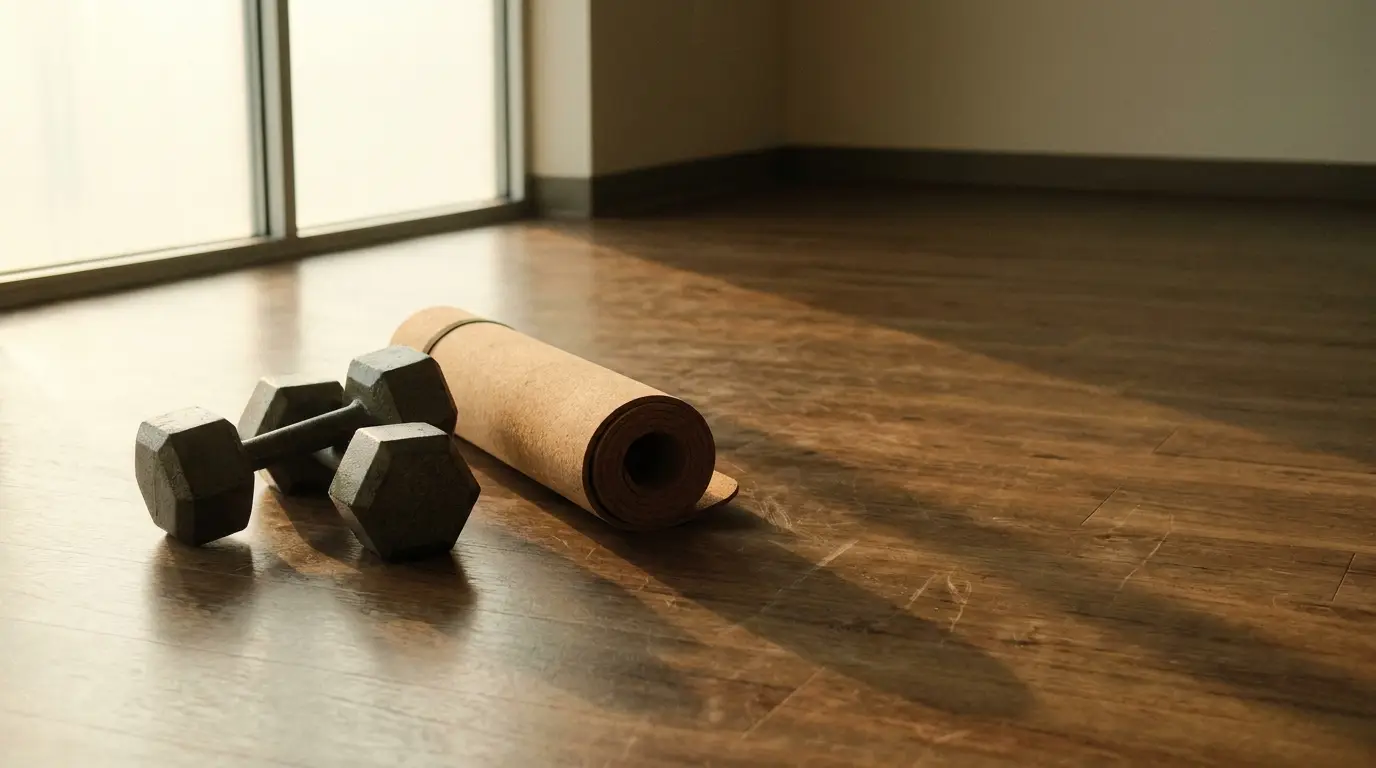 Dumbbells and yoga mat on wooden floor in sunlit room